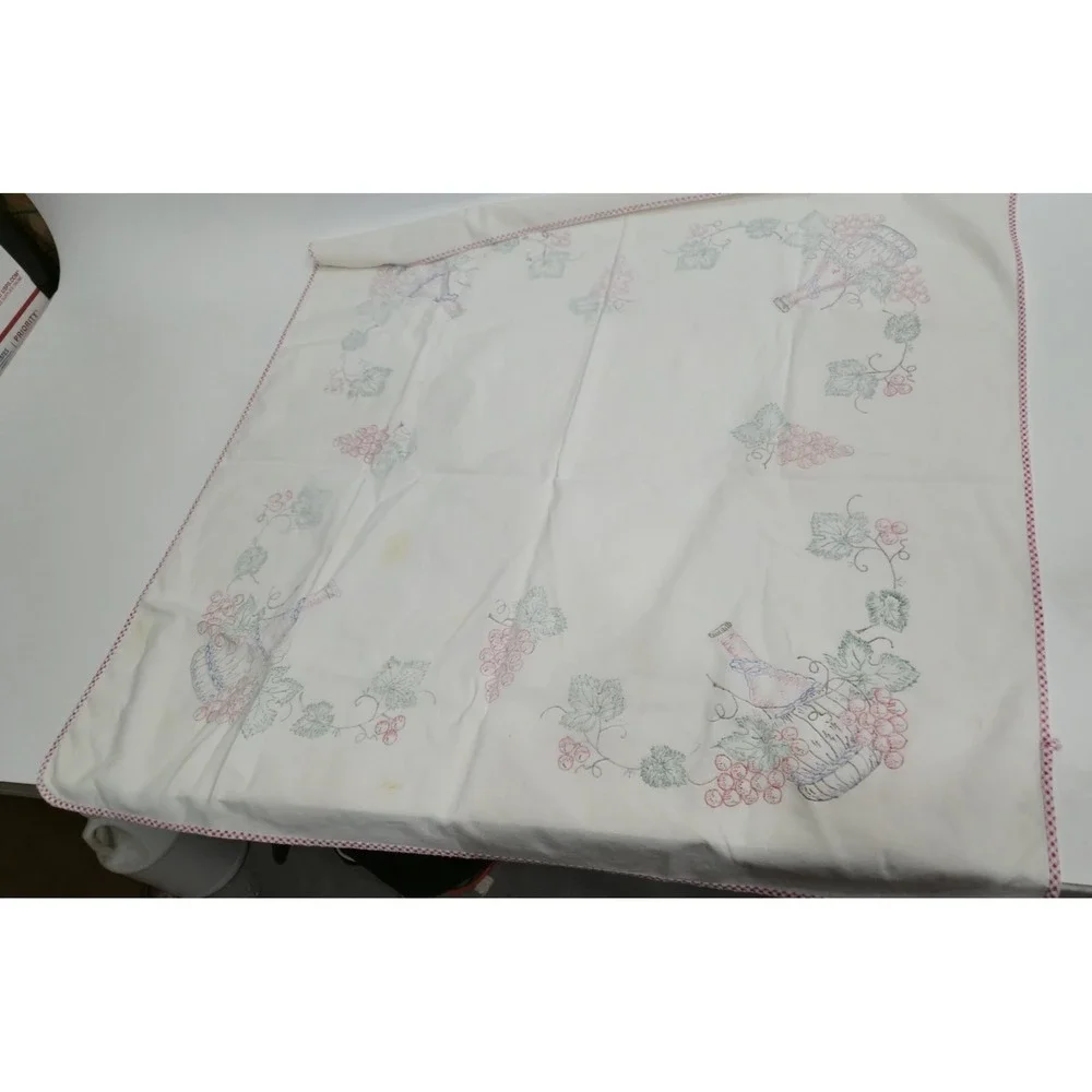 Vintage Hand Embroidered Grapes Wine Tablecloth Square 33